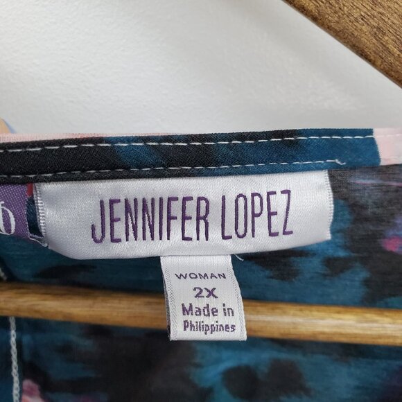 Jennifer Lopez Women 2X Pink Floral Sheer Overlay Blouse V-Neck Asymmetrical Top - Picture 5 of 15